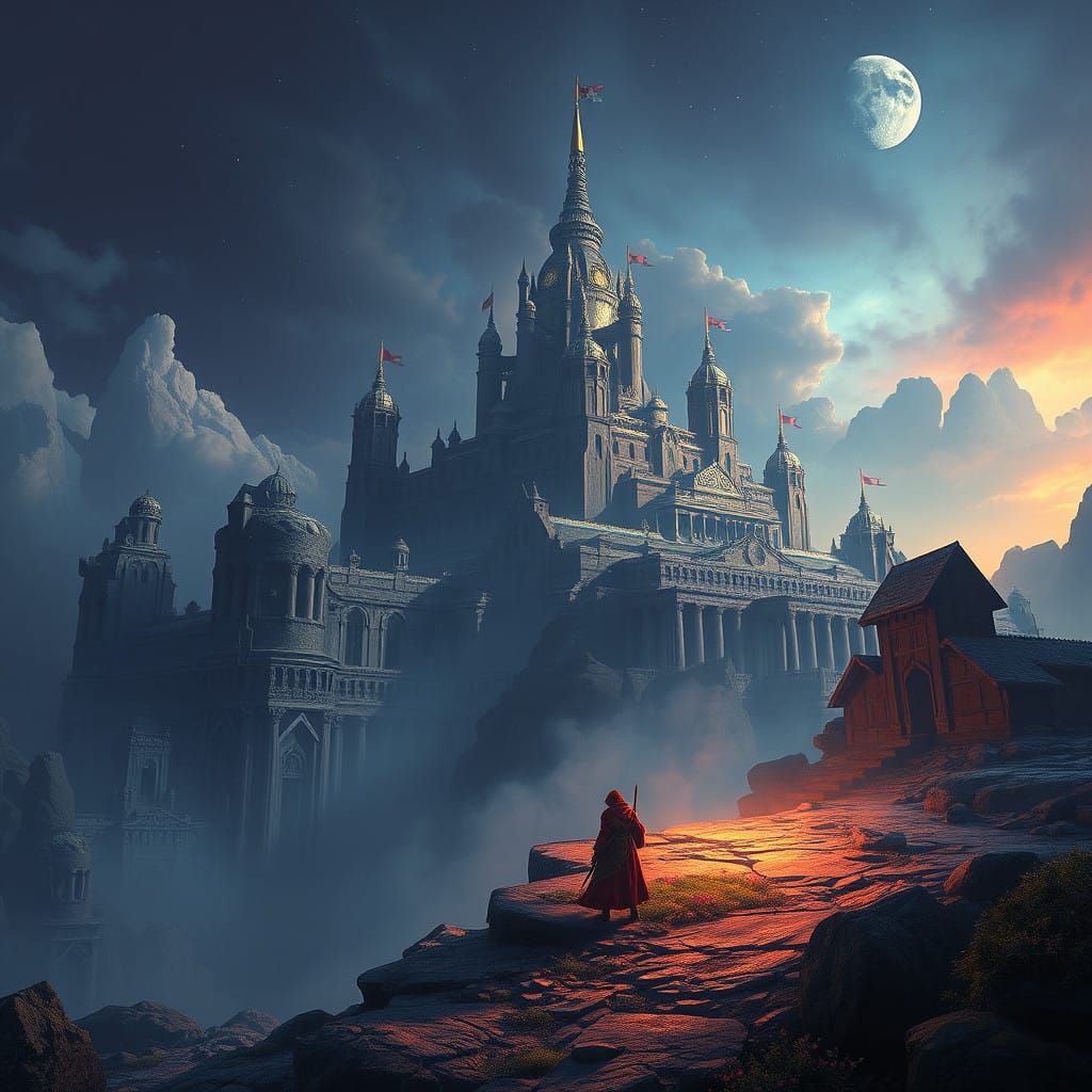 Epic Fantasy Landscape Reveals Hidden Castle at Sunset