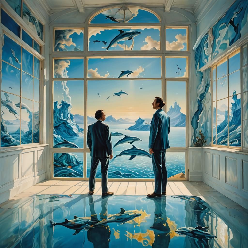 Surreal Man and Dolphins in Dreamy Oil Painting