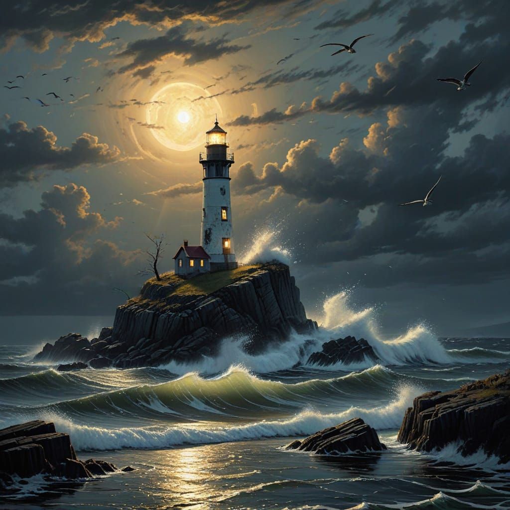 Dramatic Lighthouse Landscape Painting in Romanticism Style
