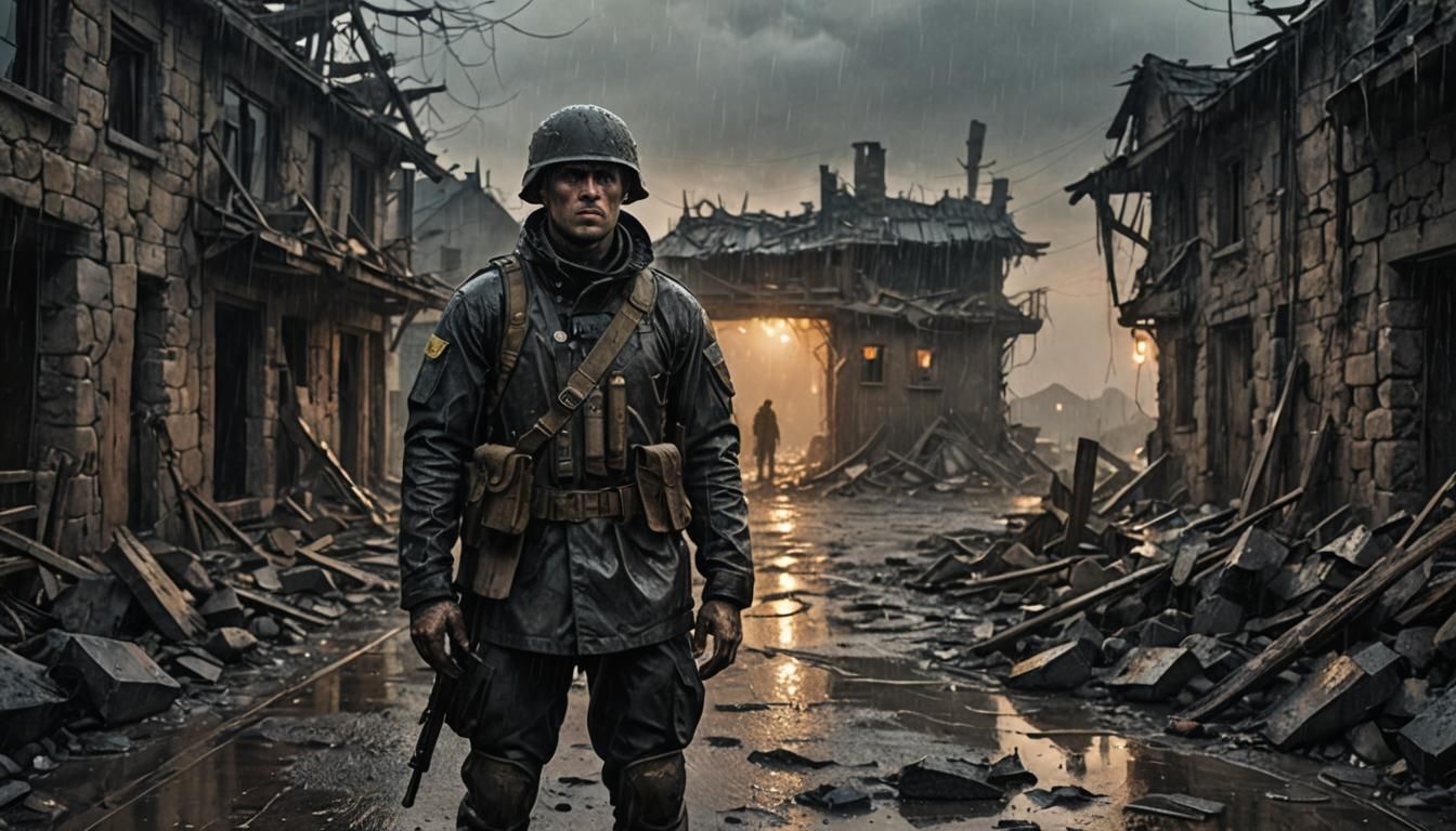 Dystopian Soldier in Destroyed Village: Dark Fantasy Art