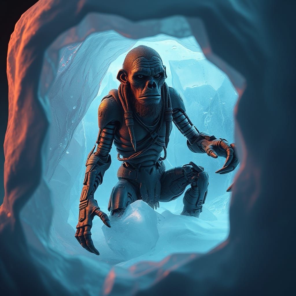 Robot Neanderthal Frozen in Ice: Detailed Matte Painting
