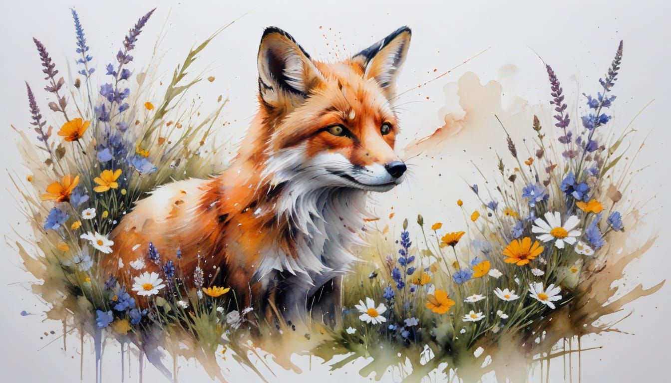 Fox in Wildflowers: Harmonious Watercolour Art