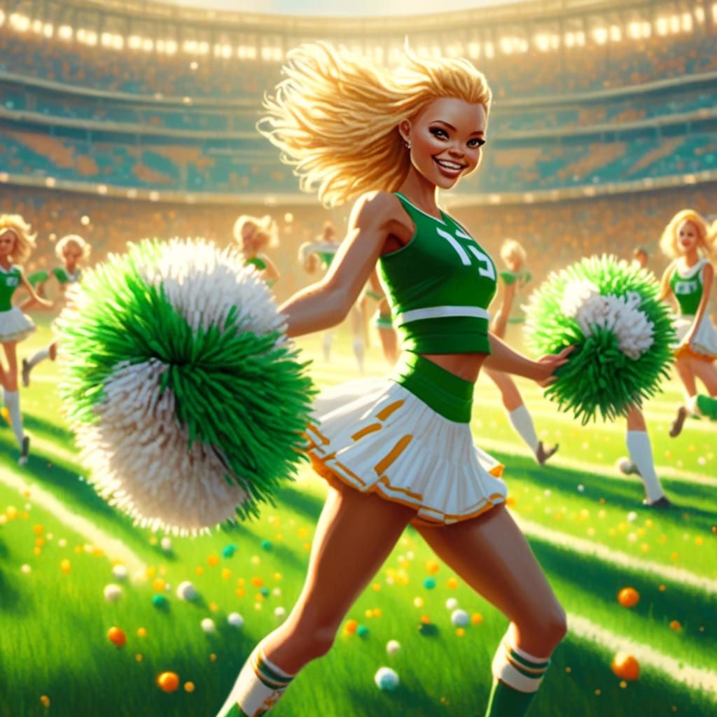 Blonde Cheerleader on Sunny Field: Vivid Digital Art