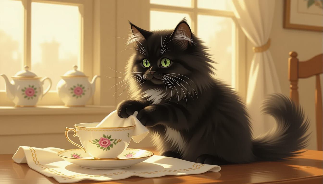Fluffy Cat Polishes China in Storybook Style