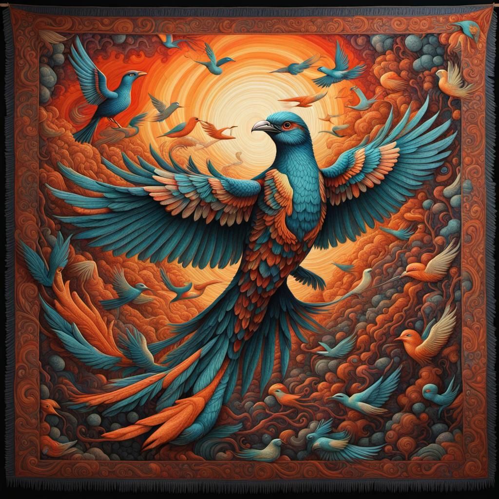 Woven Tapestry Surrealism Eksodus Dariusz Zawadzki vibrant soaring bird intricate