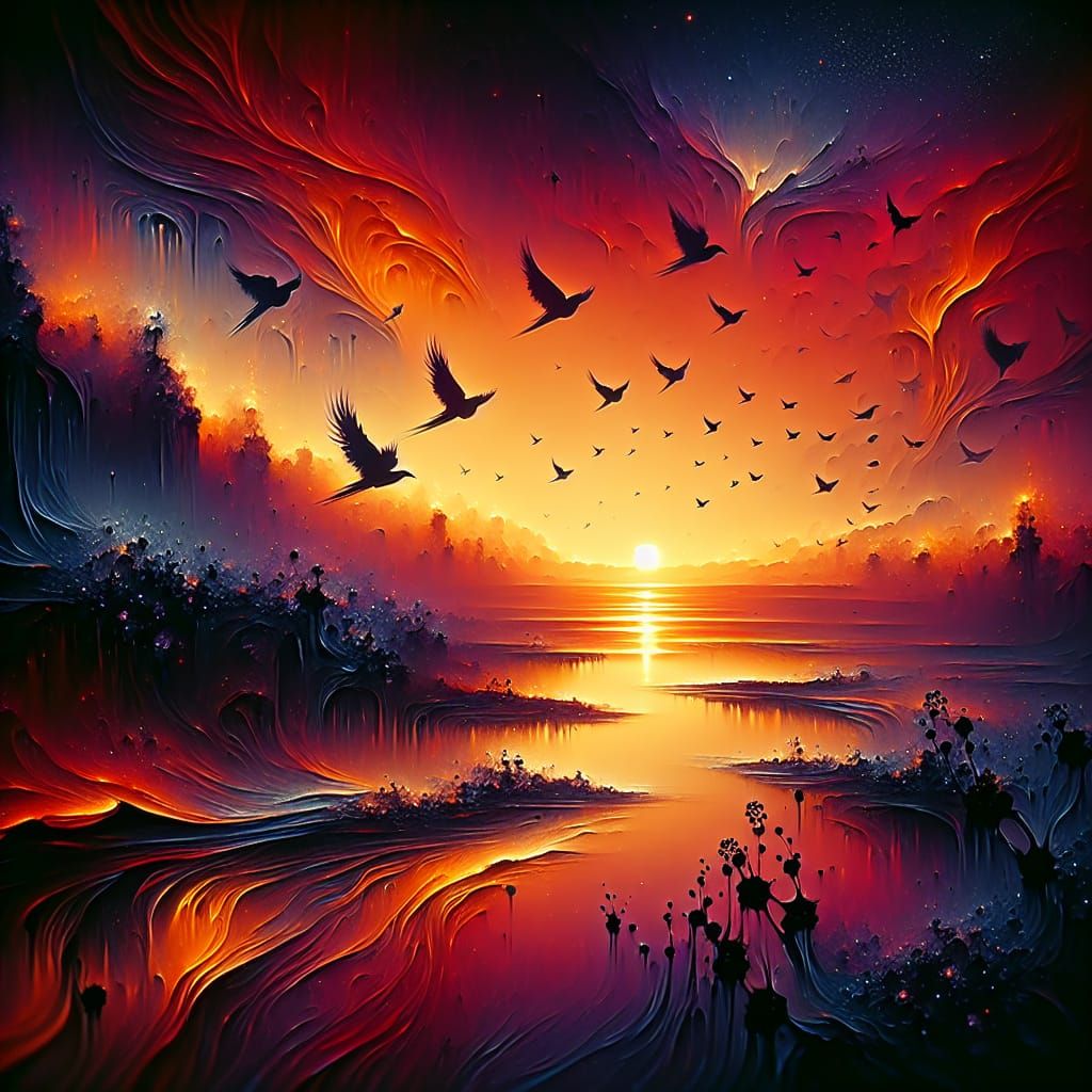 Mystical Sunset Beach with Birds: Matte Painting Style