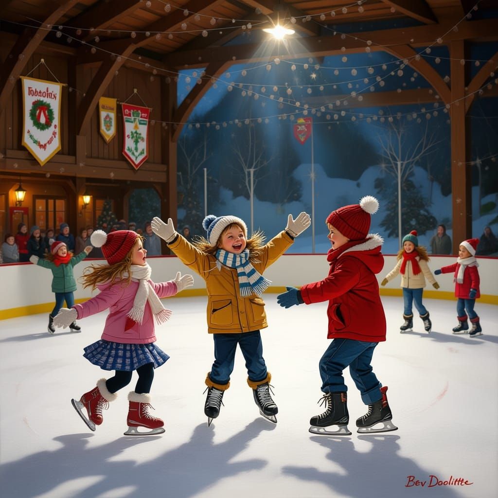 Children Skating with Twinkling Arena Lights