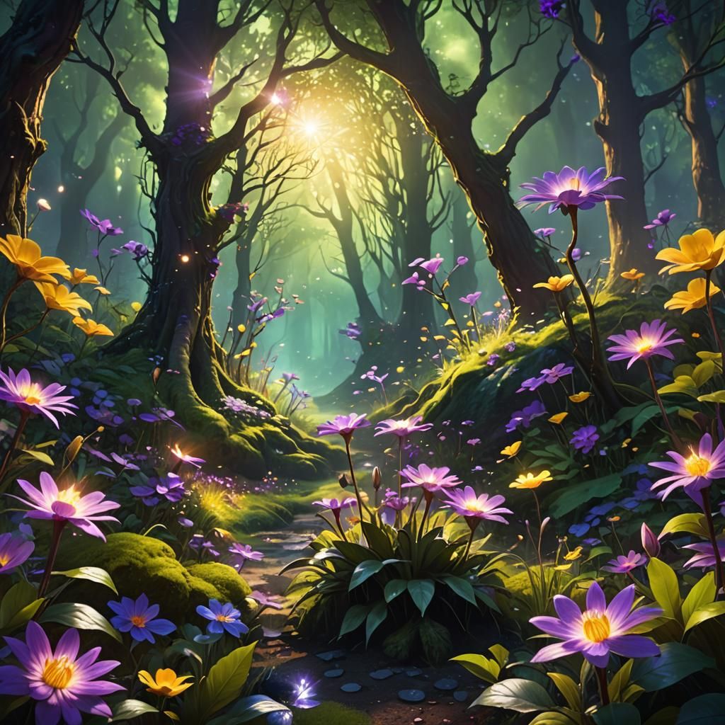 Mystical Forest with Glowing Flowers in Art Nouveau Style