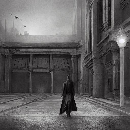 Dystopian Figure Walks Desolate Promenade in Sci-Fi Art