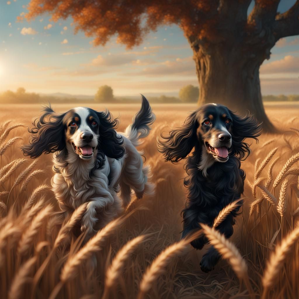Cocker Spaniels in Wheat Field: Fantasy Concept Art