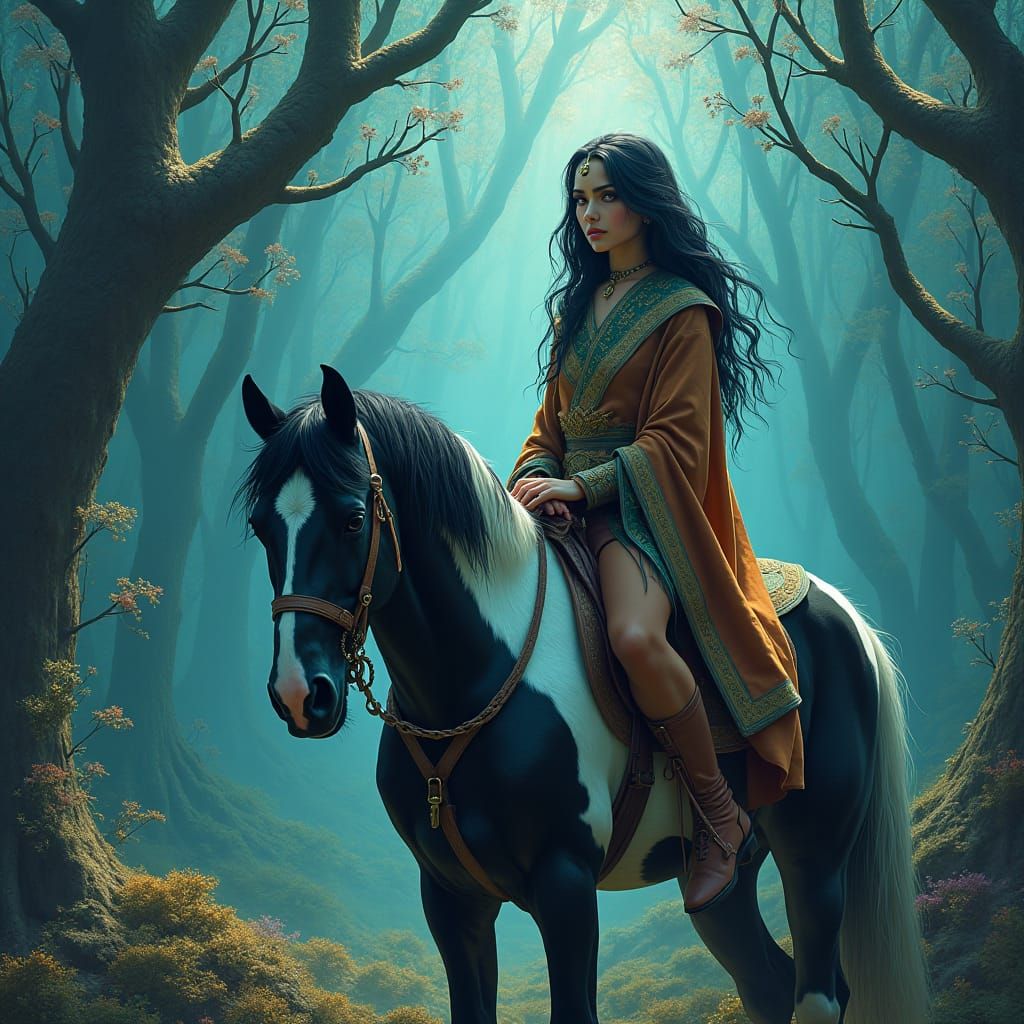 Woman on Piebald Horse in Magical Forest