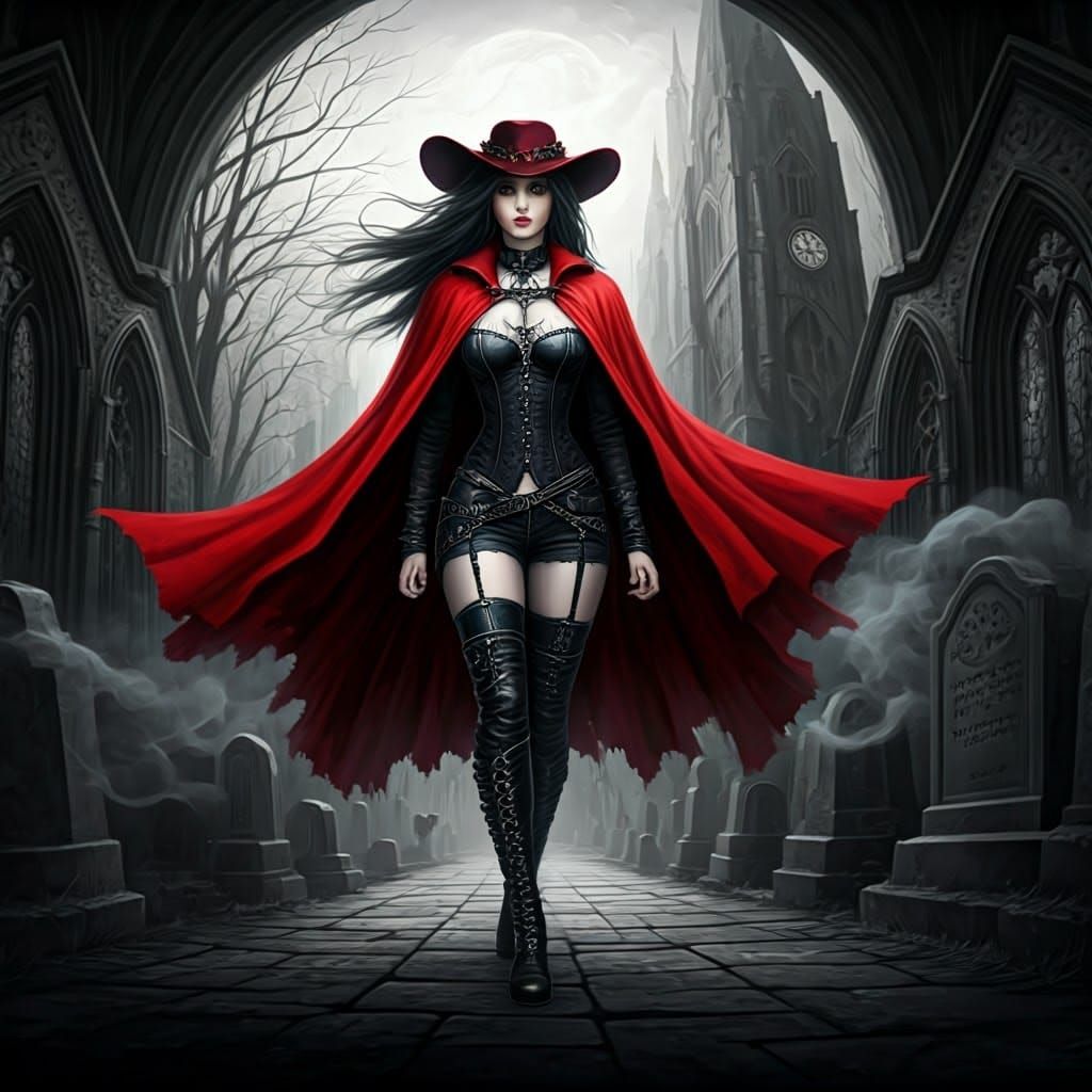 Gothic Red Riding Hood in Graveyard