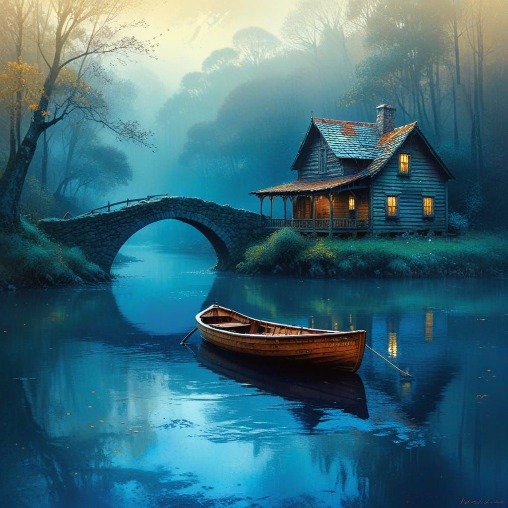 Grunge Woodland Cabin Scene in Autumn