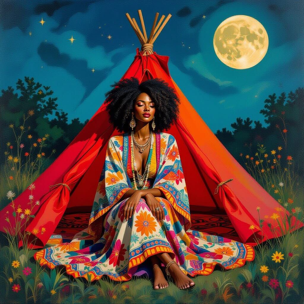 Bohemian Woman in Red Tent Under Full Moon