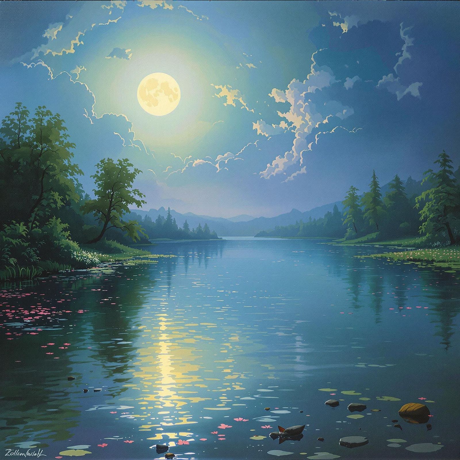 Tranquil Moonlit River Landscape
