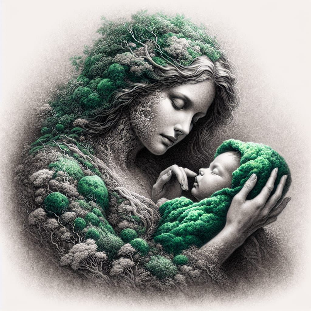 Gaia Tenderly Cradles Infant: Hyper-Realistic Pencil Sketch