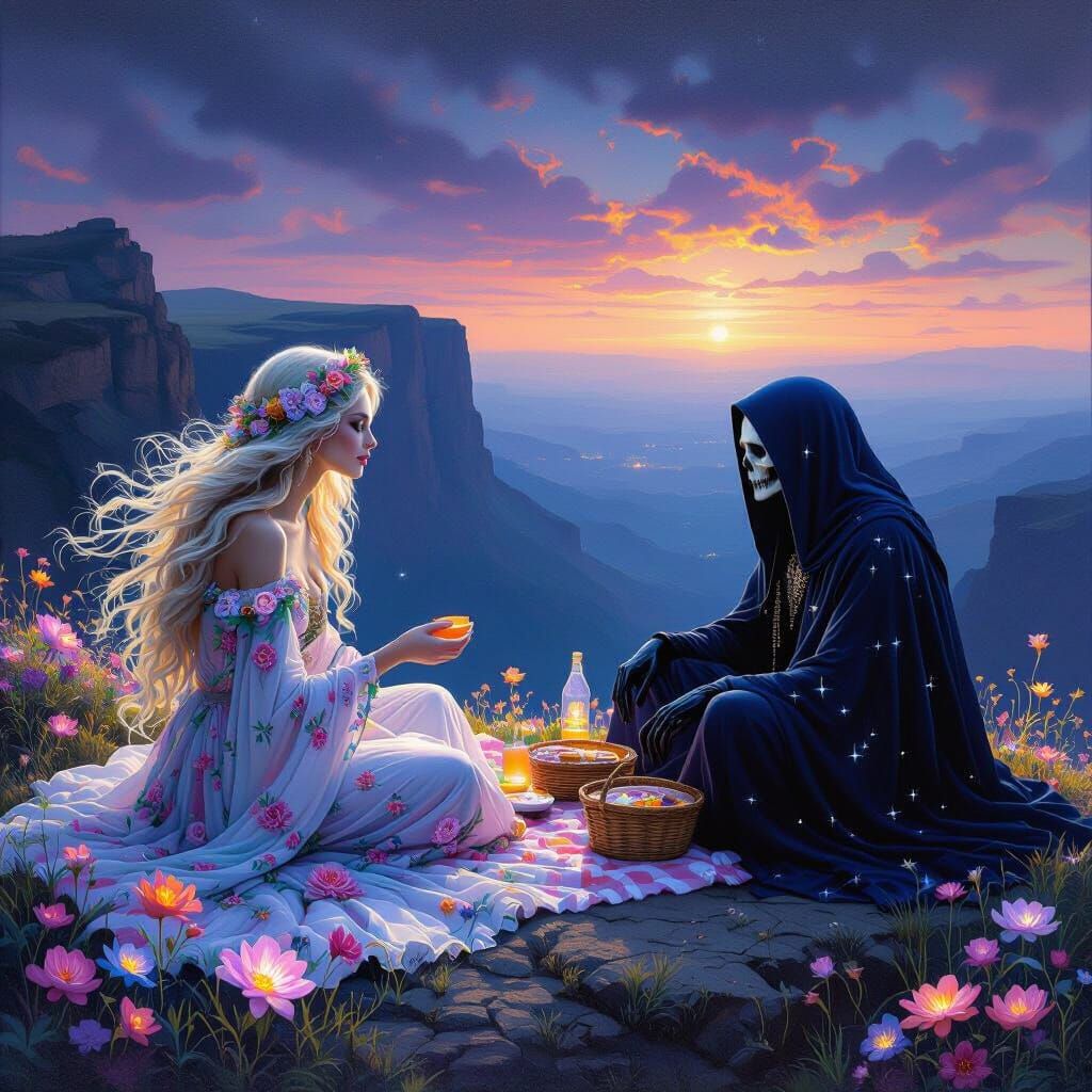 Life and Death Picnic on Cliff Overlooking Colorful Valley