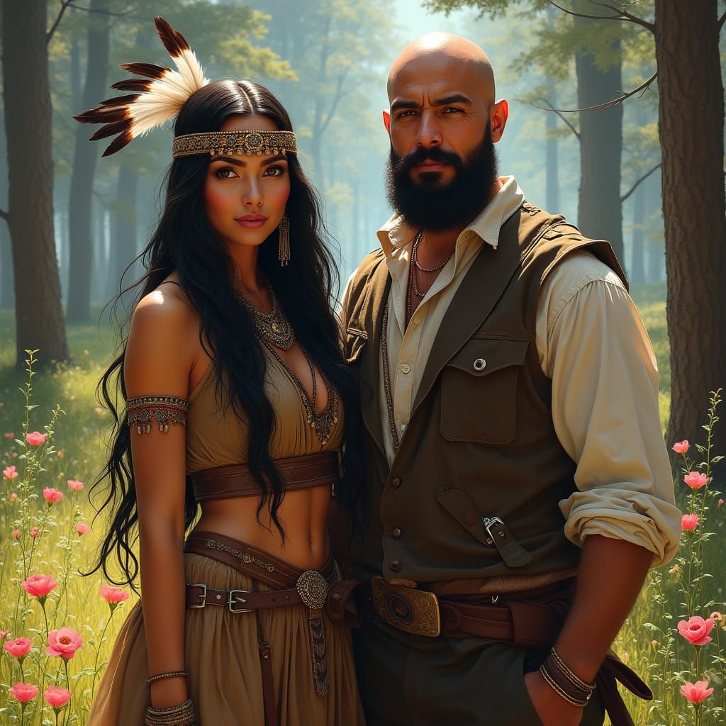 Native American Woman and Bald Man in 19th-Century Attire, I...