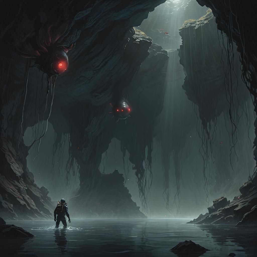 Ominous Underwater Cave with Glowing Red Eyes