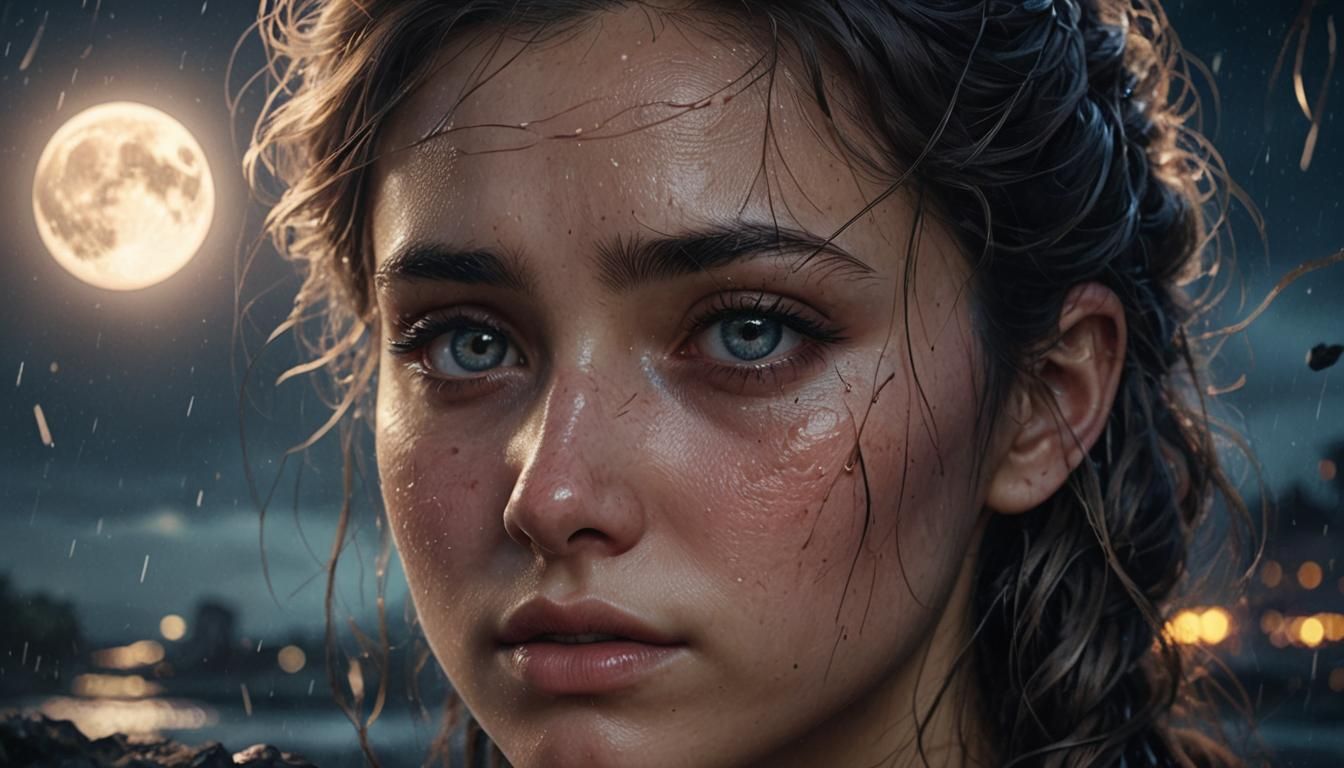 Sad Girl in Moonlight: Hyperrealistic Fantasy Art