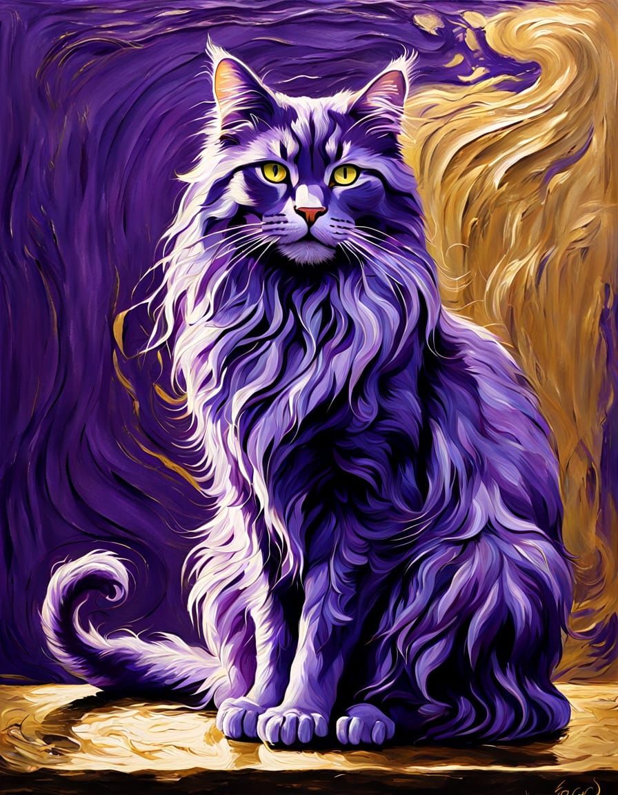 Purple Cat Painting with Butterfly in Purple Sunlight
