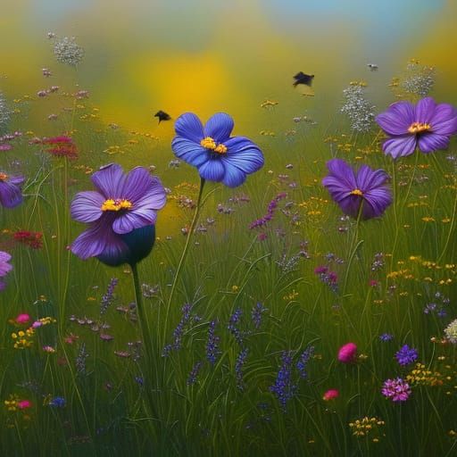 Bumble Bees and Wild Flowers in Hyperrealistic Style