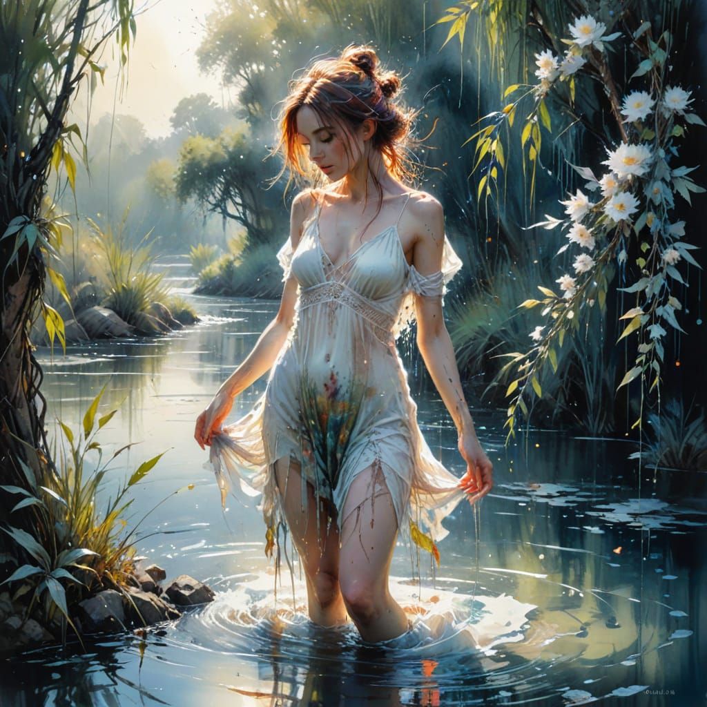 Moonlit River Dance in Dreamy Watercolour Style