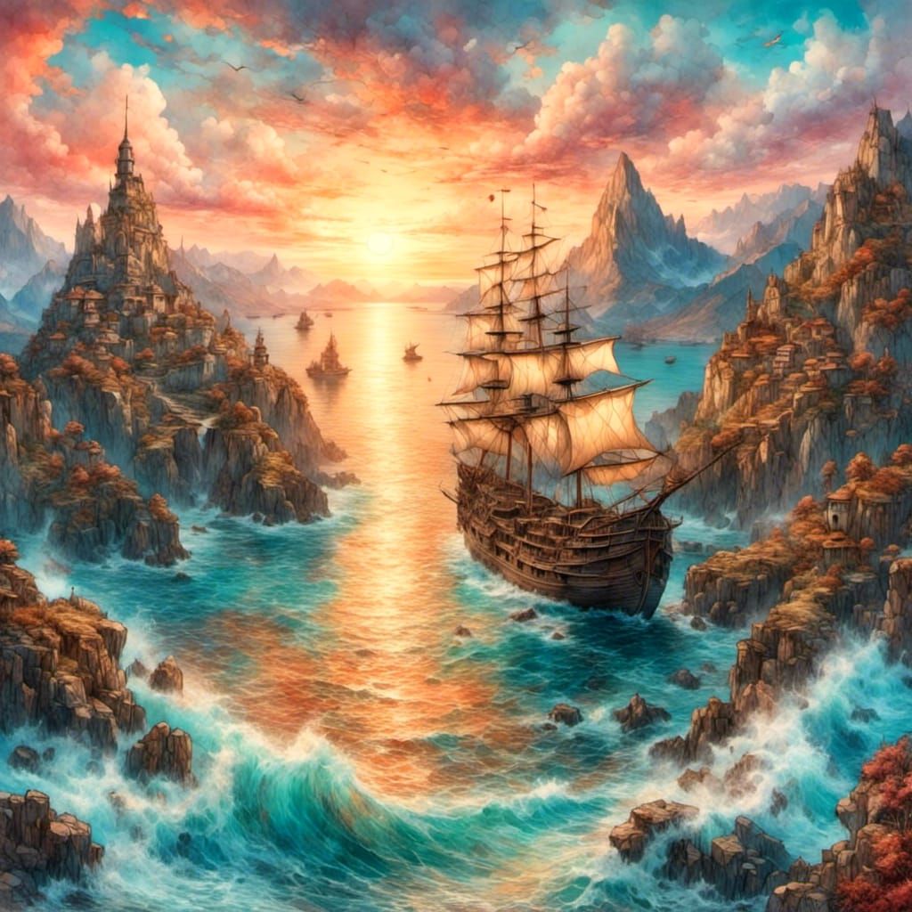 Fantasy Seascape: Ship at Sunset in Epic Style