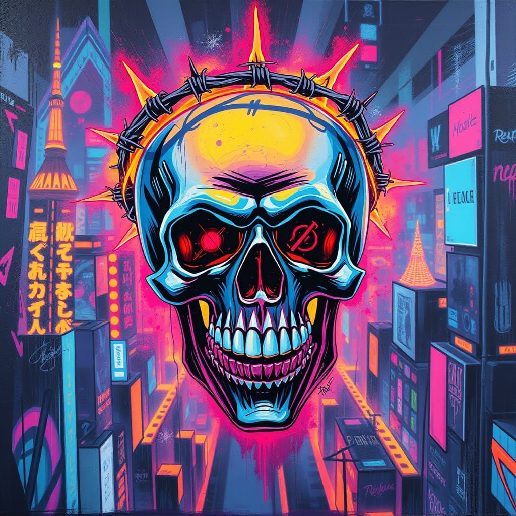 Neon Skull with Barbed Wire Crown in Cyberpunk Graffiti Styl...