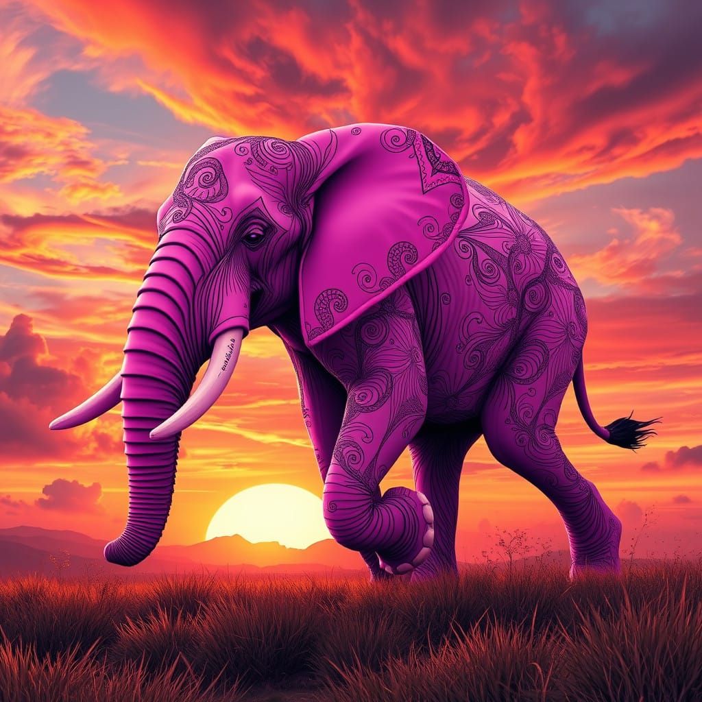Ethereal Sunset Elephant in Vibrant Pink, Fractal Patterns