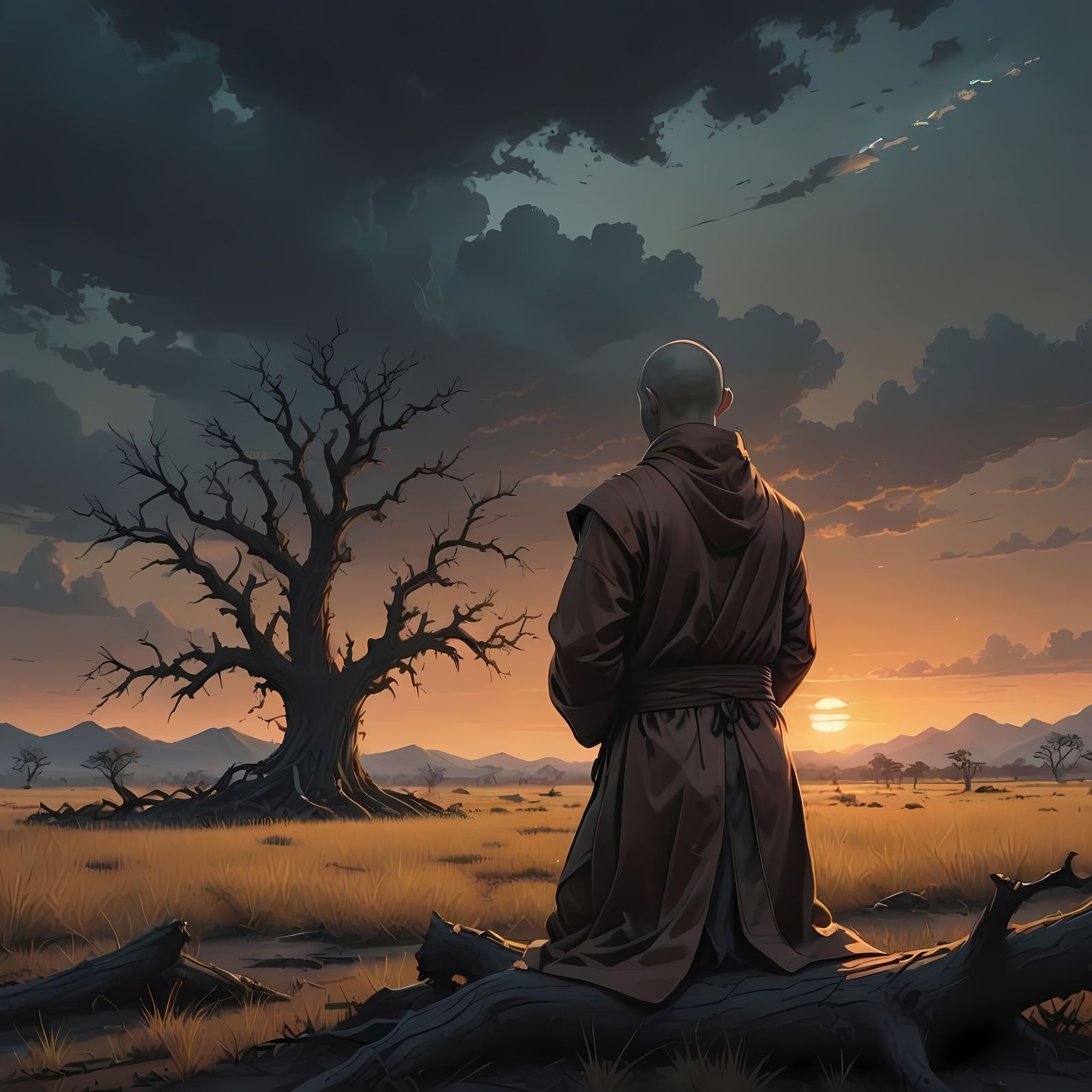 Futuristic Monk Meditates Before a Dead Oak Tree