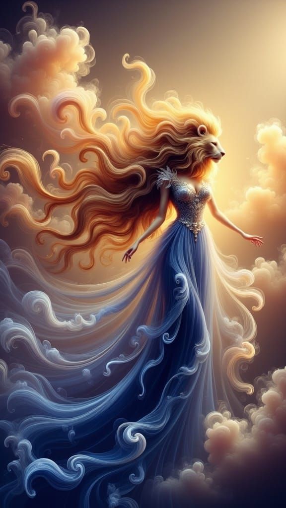 Regal Maiden Surrounded by Iridescent Clouds in Dark Fantasy...