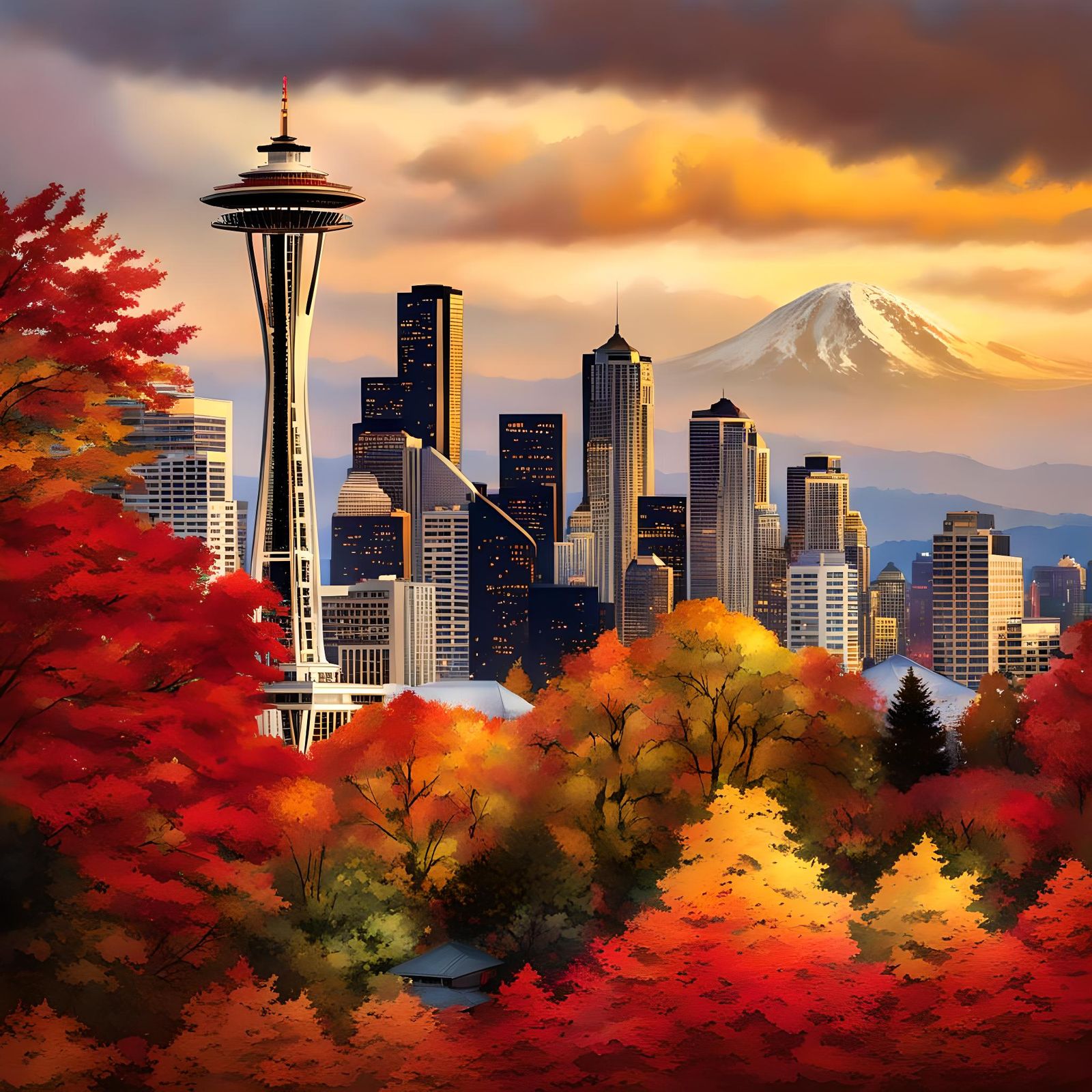 Autumn Rain Reflections on Seattle Space Needle