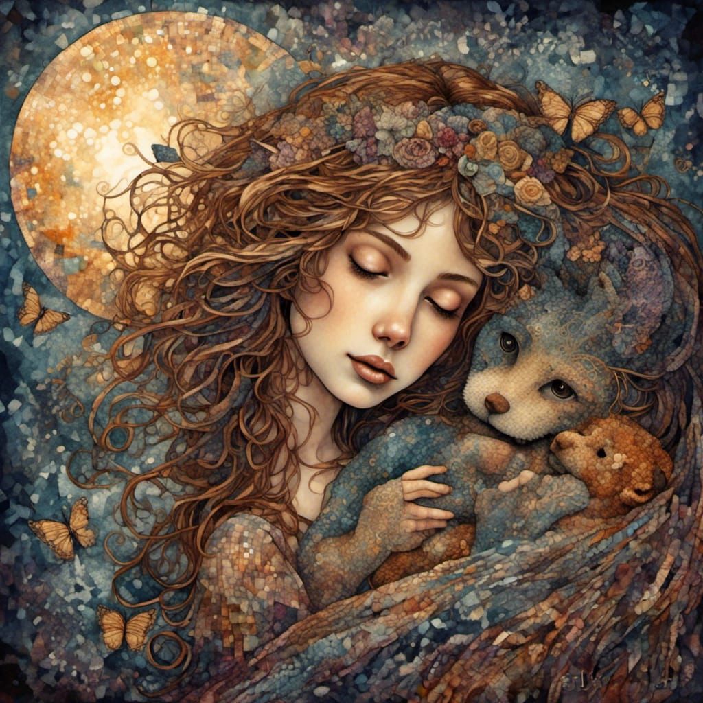 Girl Snuggling Sasquatch Baby in Art Nouveau Woodcut