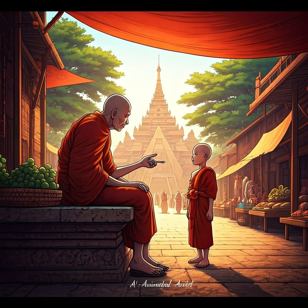 Bagan Monk Scene: 3D Photorealistic Comic Art