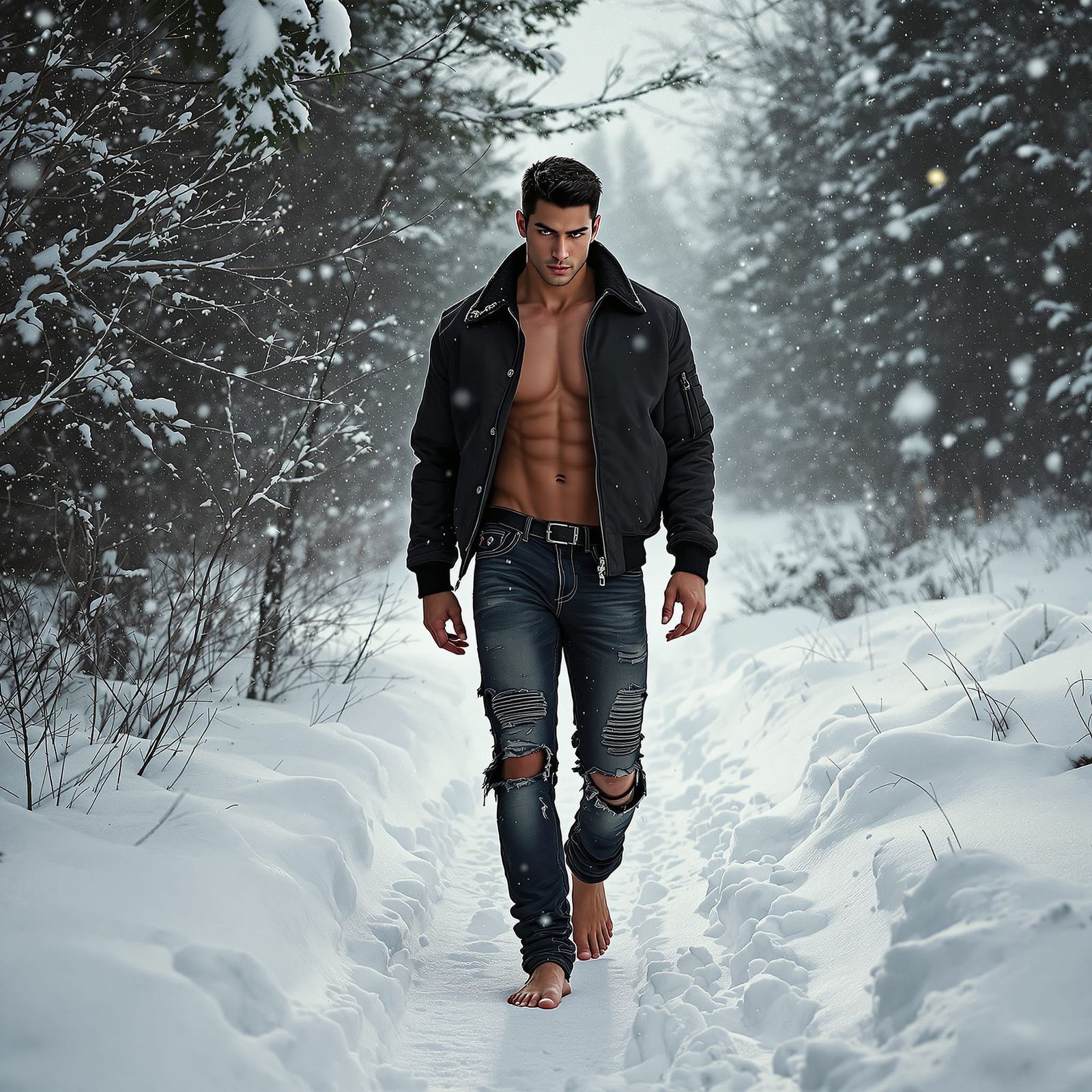 Muscular Man in Snow, Ripped Jeans, Cinematic Style