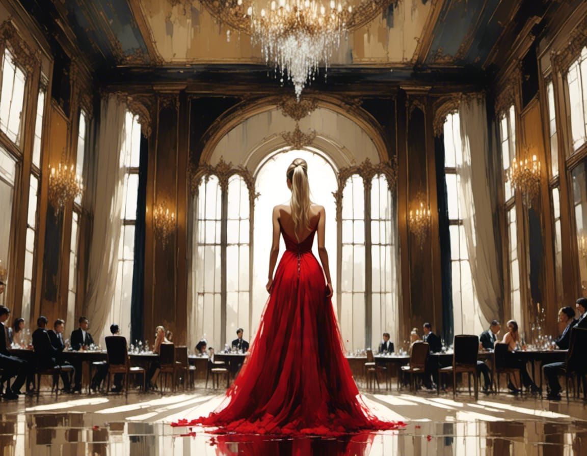 Woman in Red Gown Oil Painting with Brushstrokes