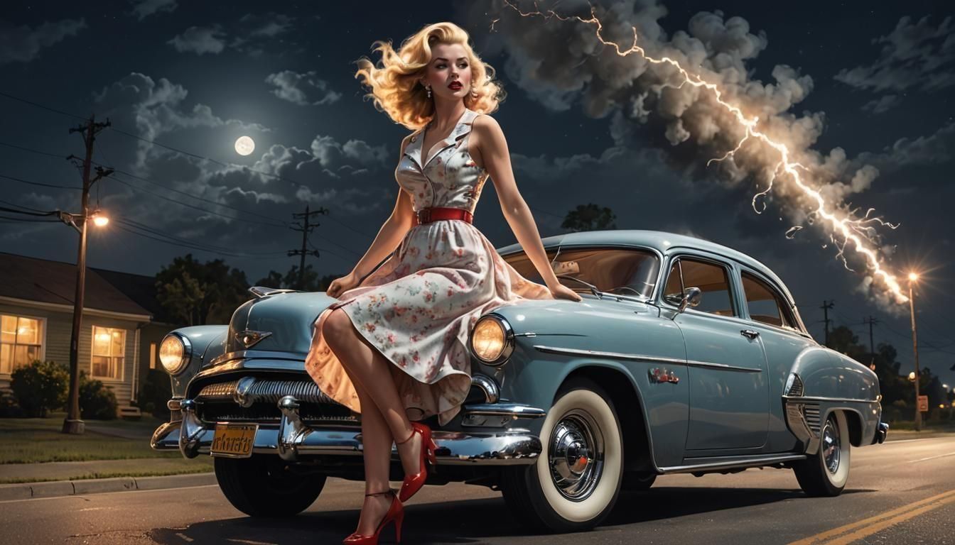 A hot rod with chrome, beautiful woman hitching a lift, the ...