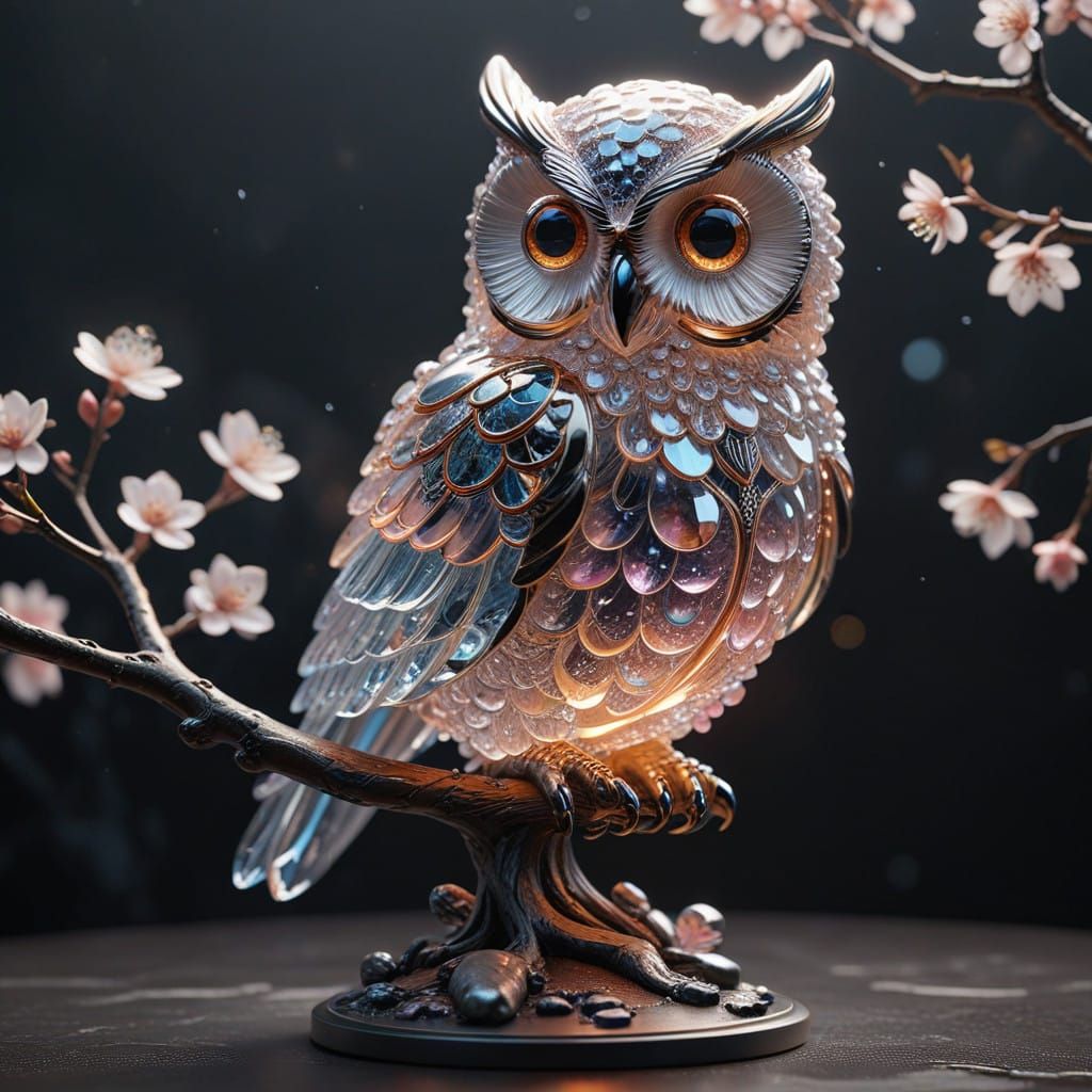 Ethereal Glass Owl Sculpture in Luminous Liquid Lava