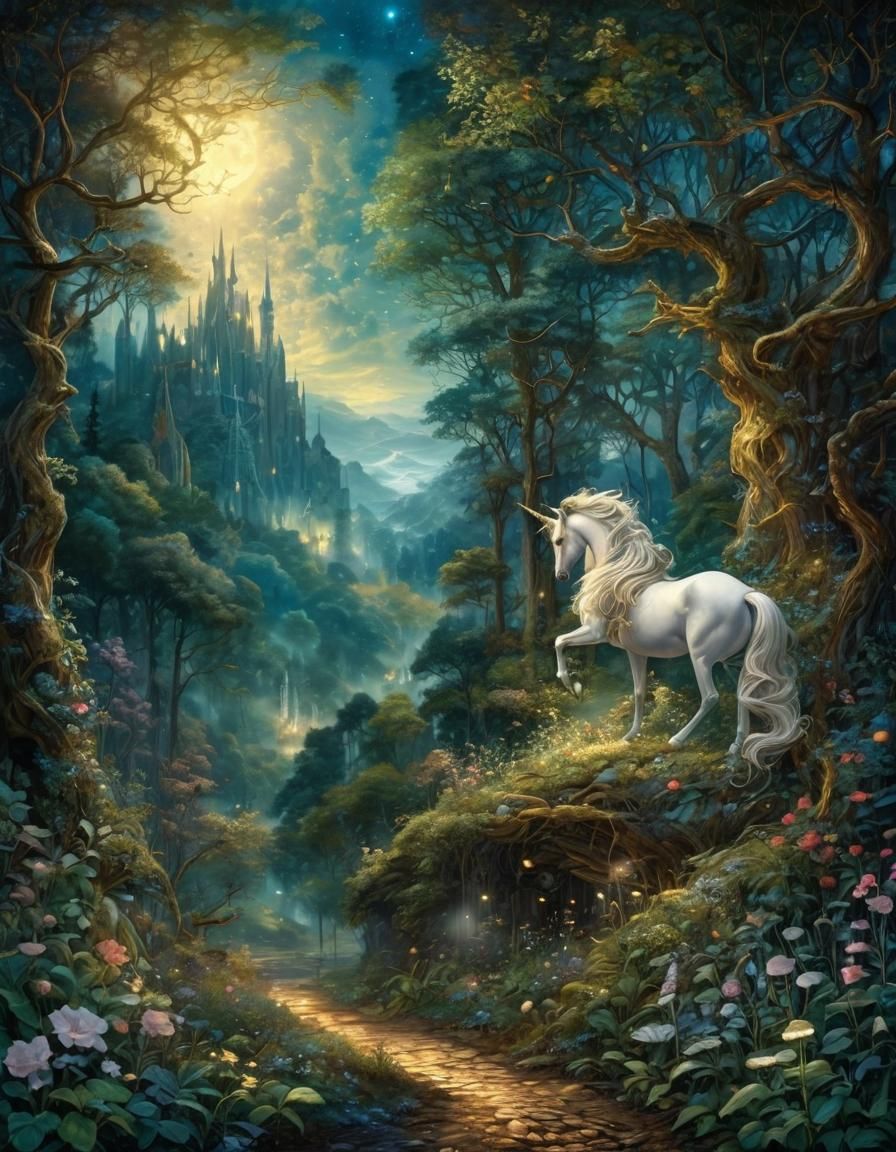 Magical Unicorn in Moonlit Forest Clearing