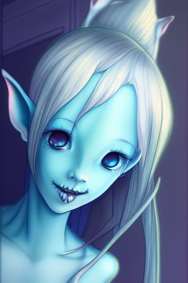 Teal Goblin Girl Portrait in Junji Ito Style