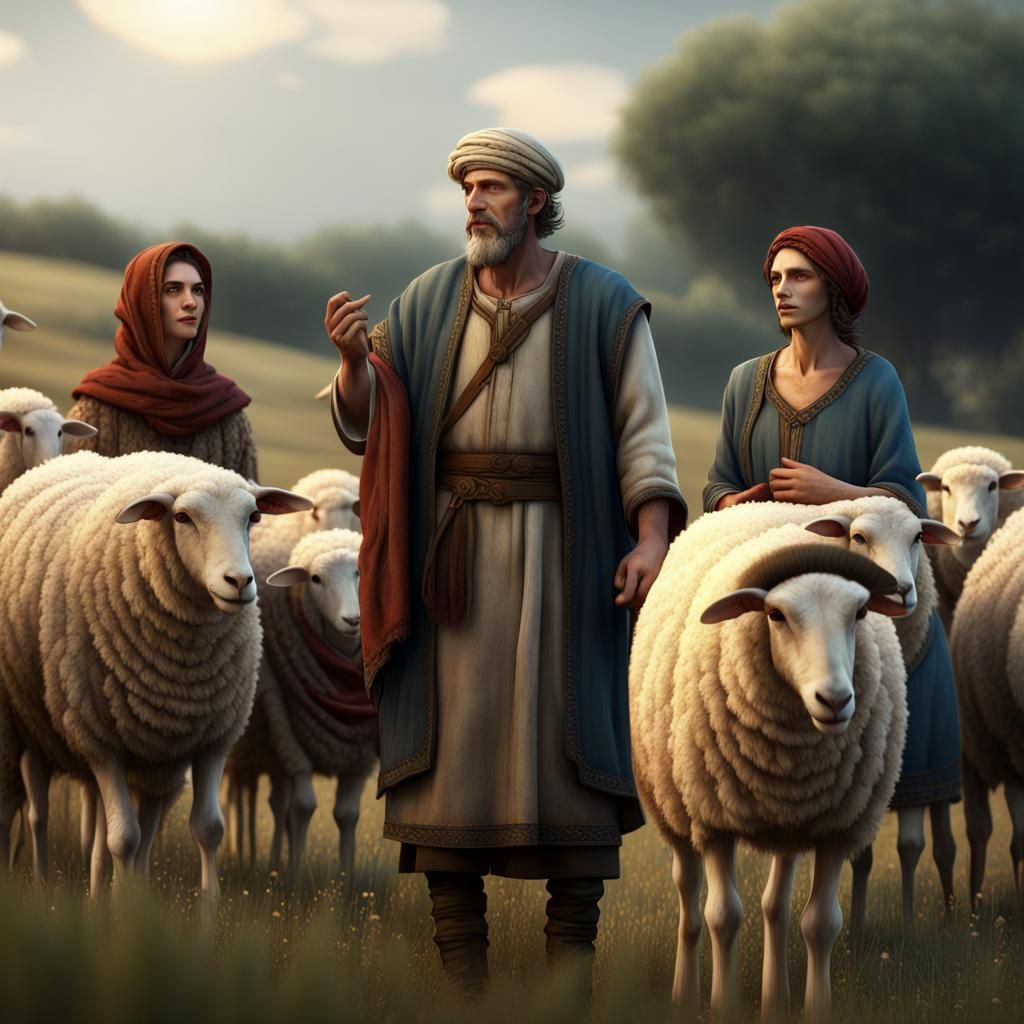 Ancient Jewish Shepherd with Wives in Field
