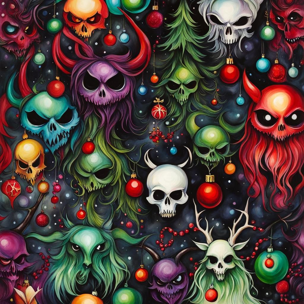 Whimsical Christmas Demons in Alcohol Ink Style