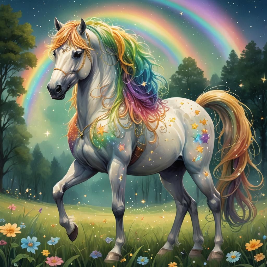 Magical Rainbow Horse in Dreamy Meadow