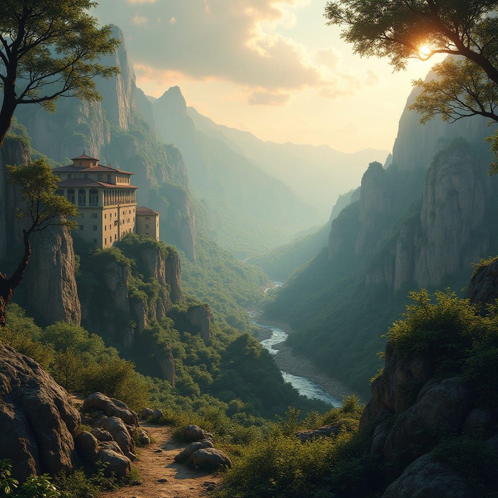 Fantasy Ancient Italy Landscape in Golden Hues and Blues