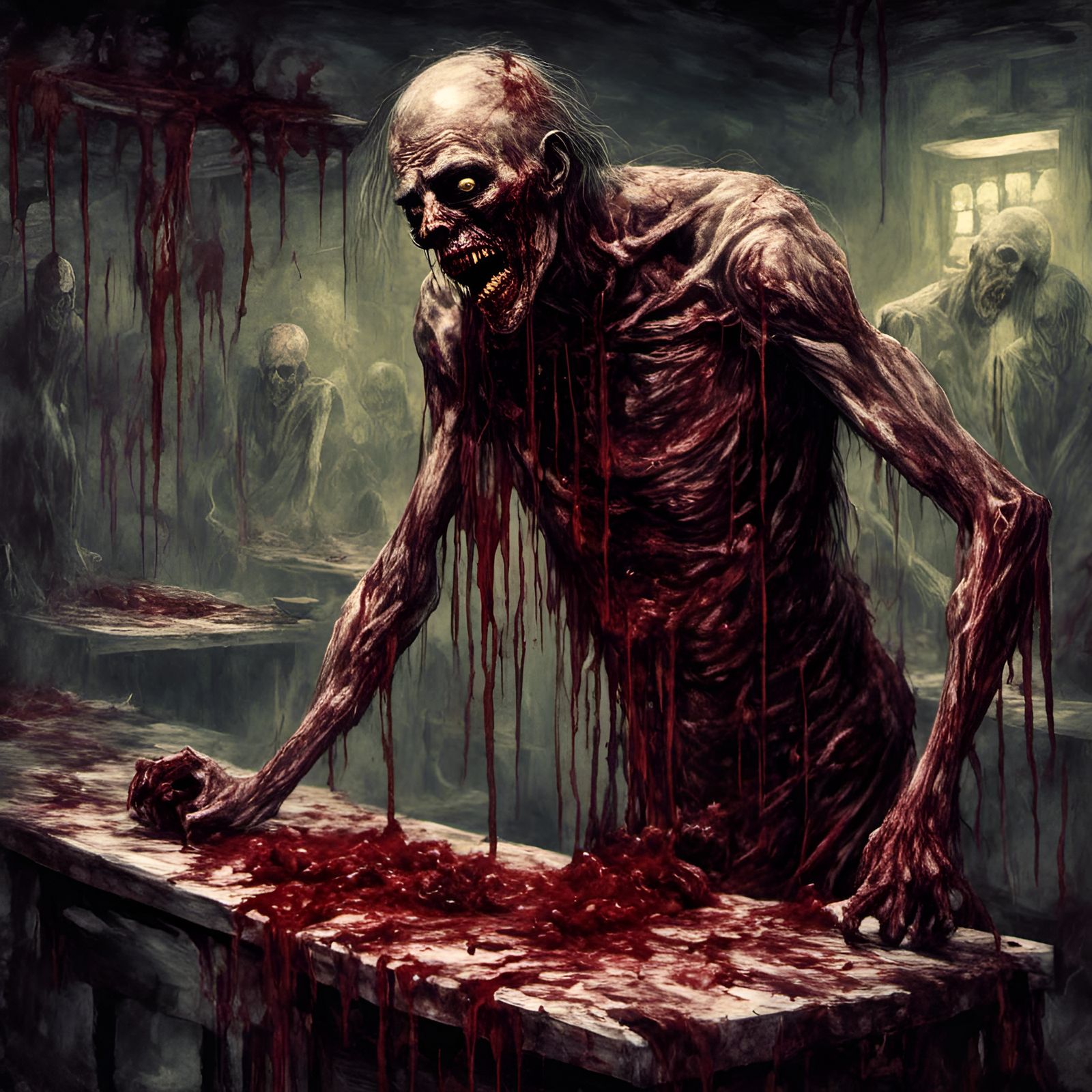 Cannibal Zombie Feast in Morgue, Creepy Magazine Style