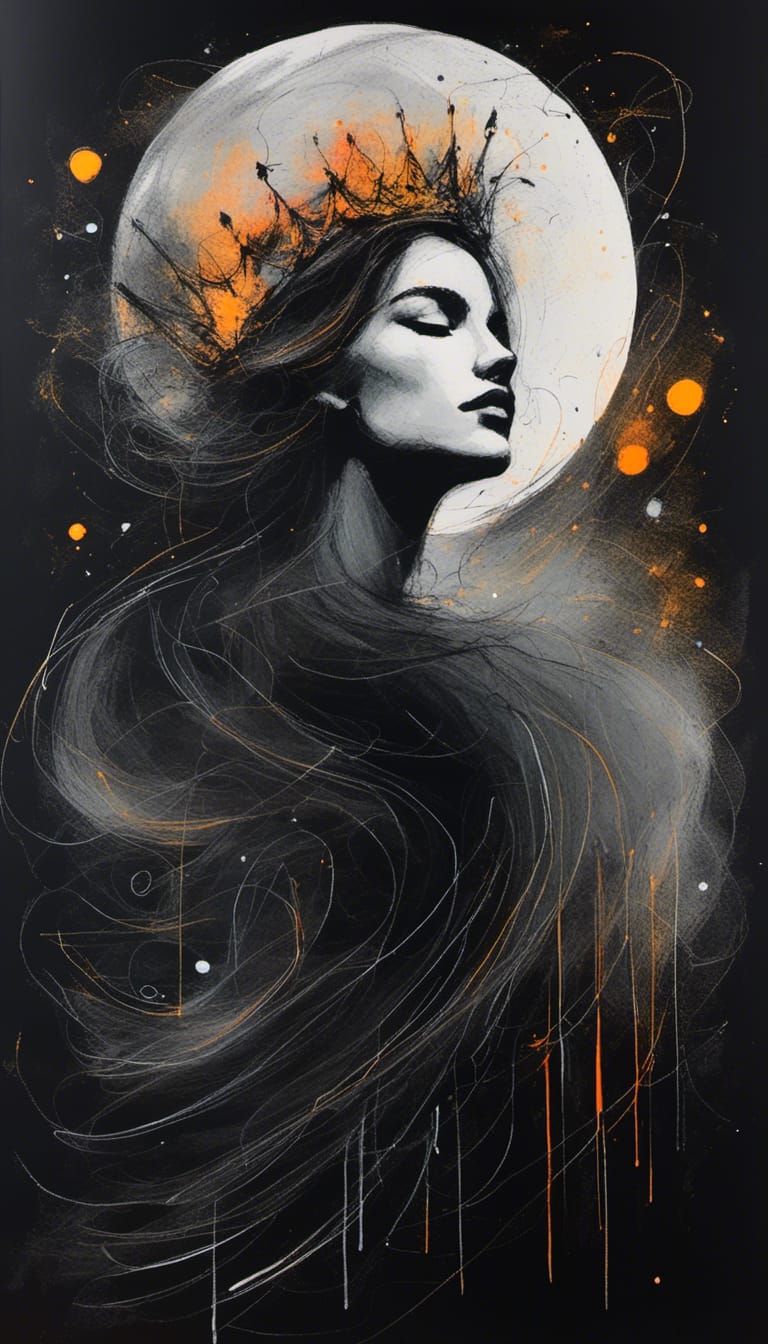 Moonlit Queen Portrait in Charcoal and Gouache