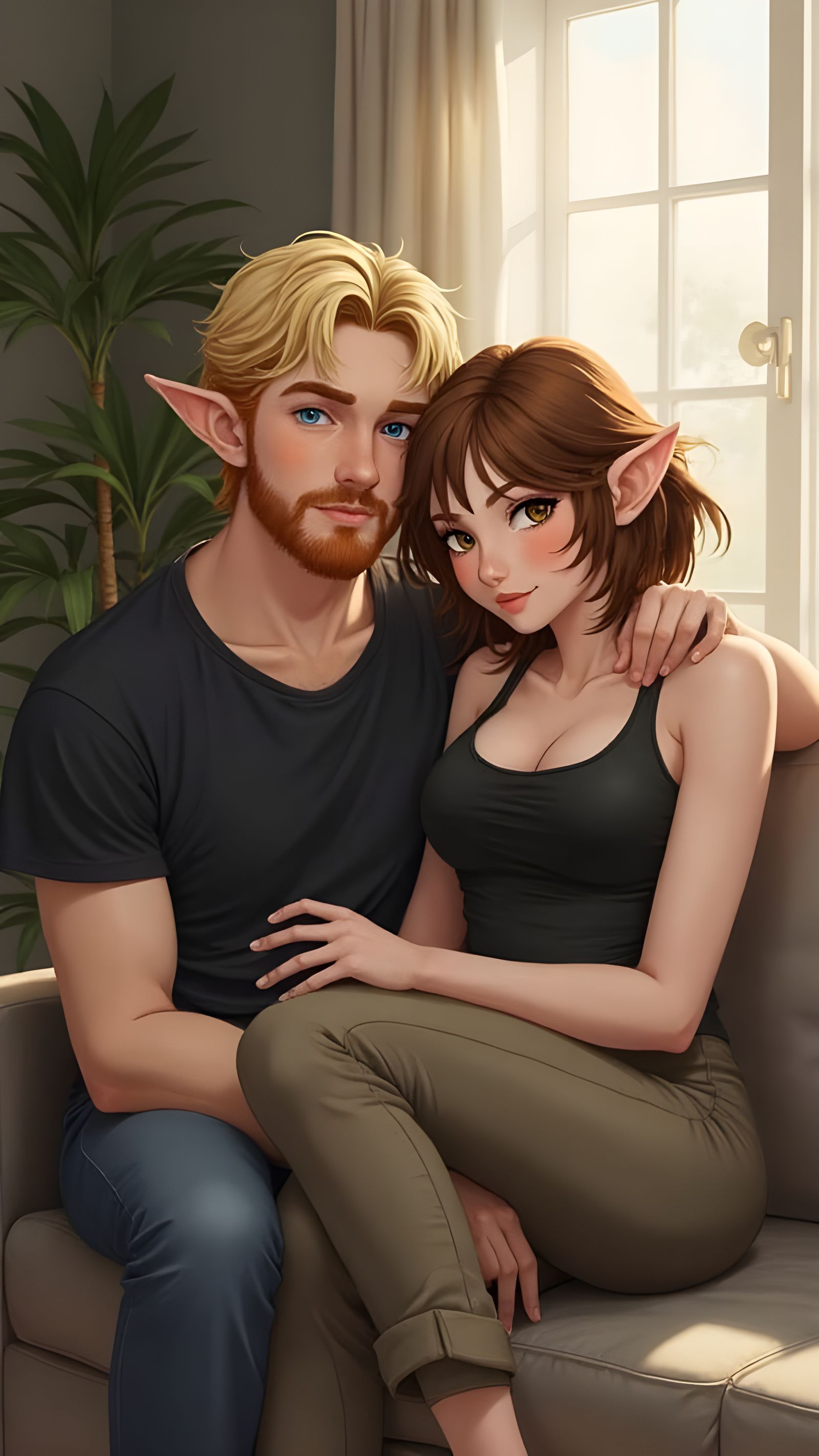 Handsome Elf Cuddles with Beautiful Elf Woman in Modern Home