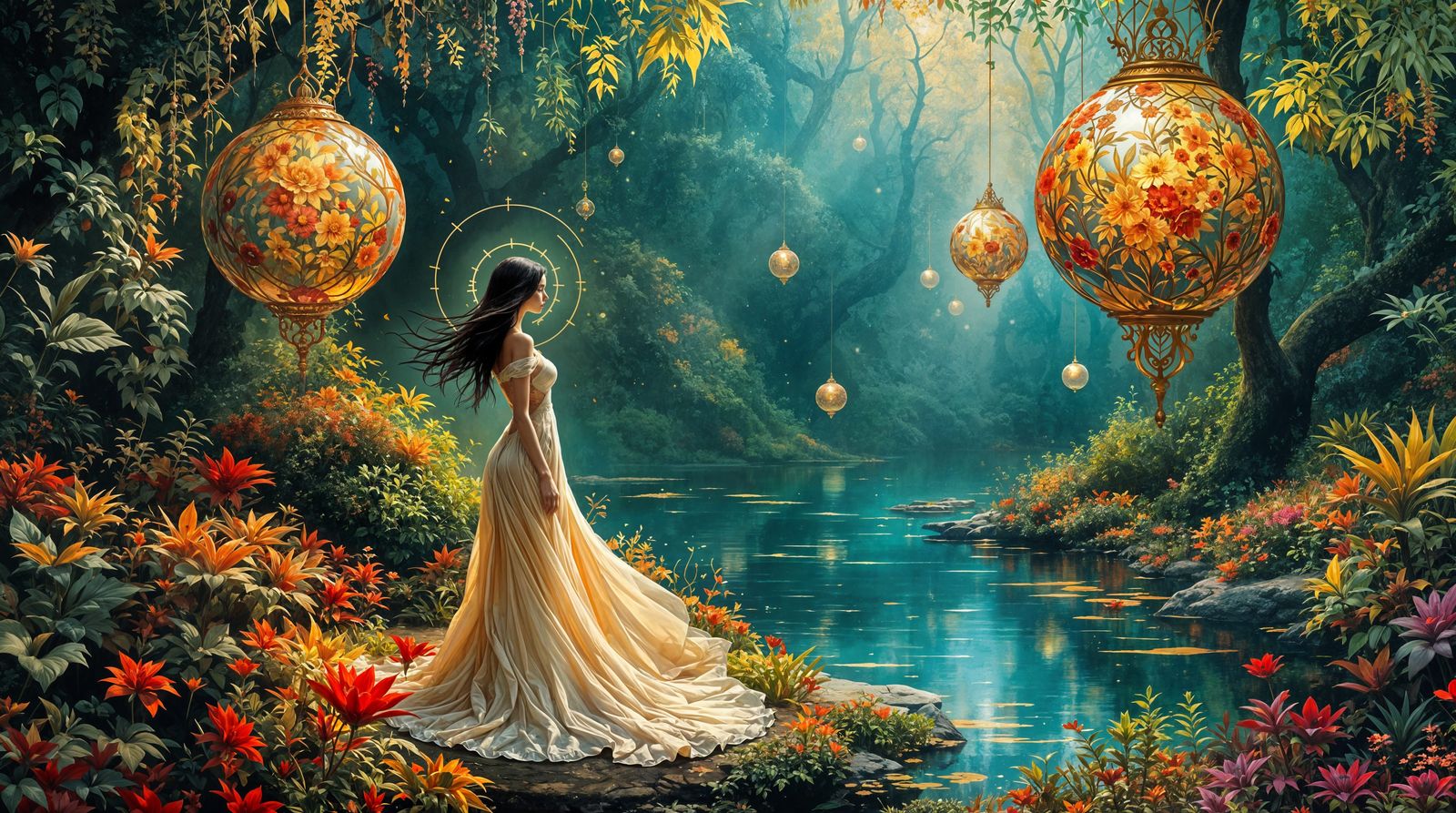 Woman in Vibrant Forest by Water, with Ethereal Floating Orb...