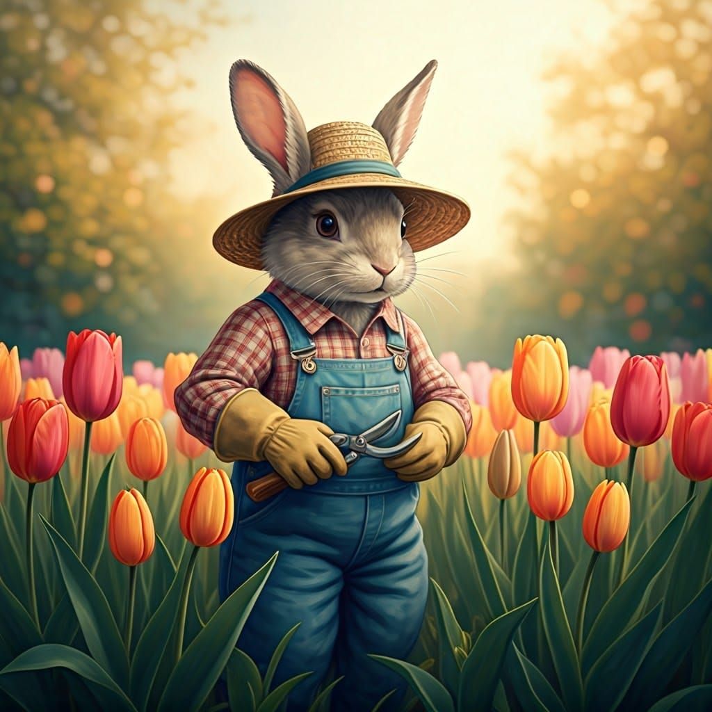 Whimsical Rabbit Gardener in a Pastel Garden